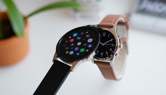 Dois smartwatches modernos com diferentes estilos de pulseira mostrando os benefícios do smartwatch