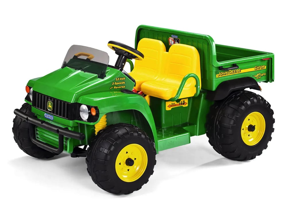 John Deere 12 volt elektrische kinder tractor met werkende graafarm en kantel bak duits engels frans vertaling