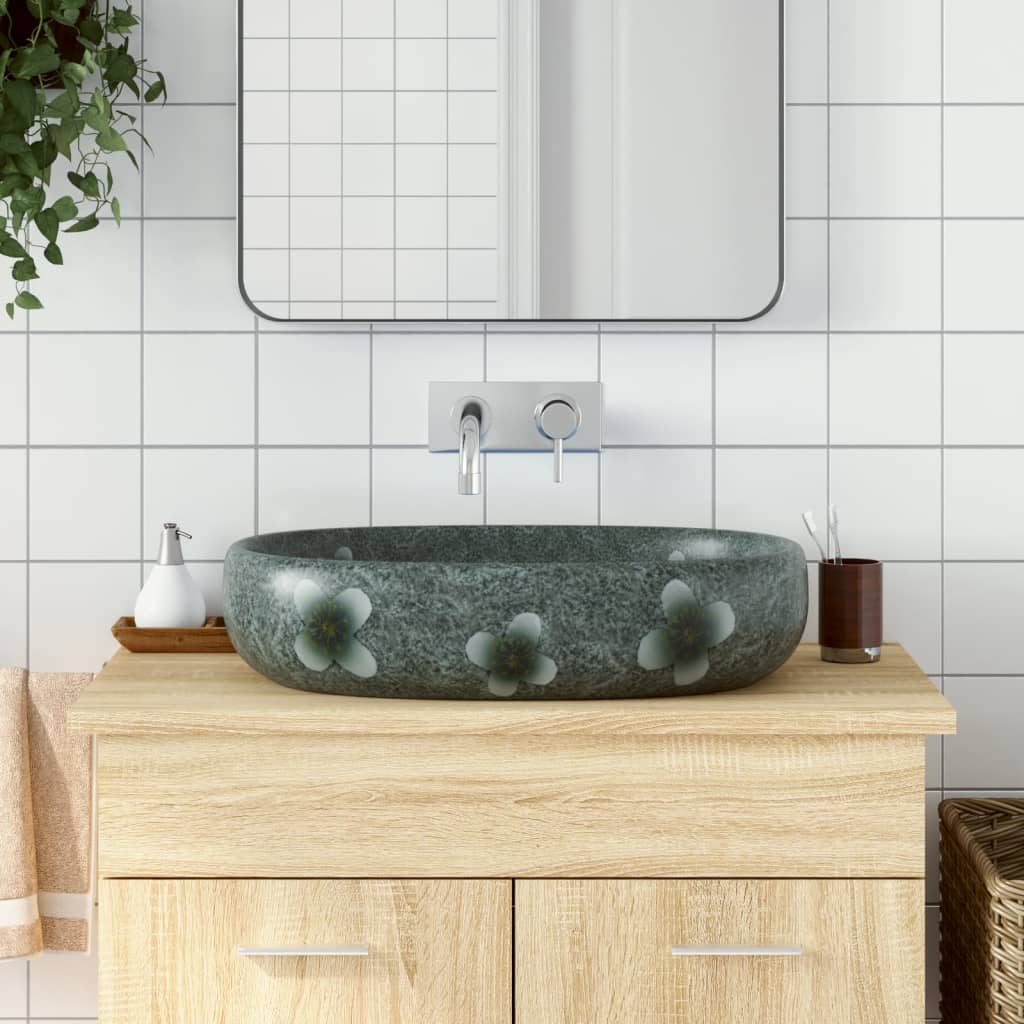 vidaXL Lavatório de bancada oval 47x33x13 cm cerâmica cinza e azul