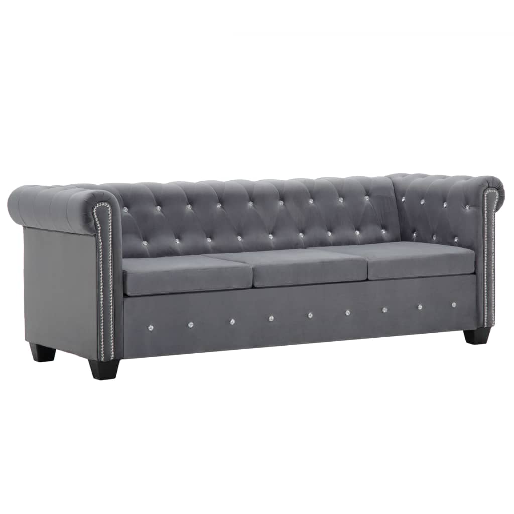 vidaXL Sofá chesterfield três lugares veludo 199x75x72cm cinzento