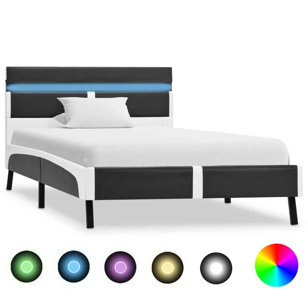 vidaXL Estrutura cama c/ LED 90x200 cm couro artificial branco e preto
