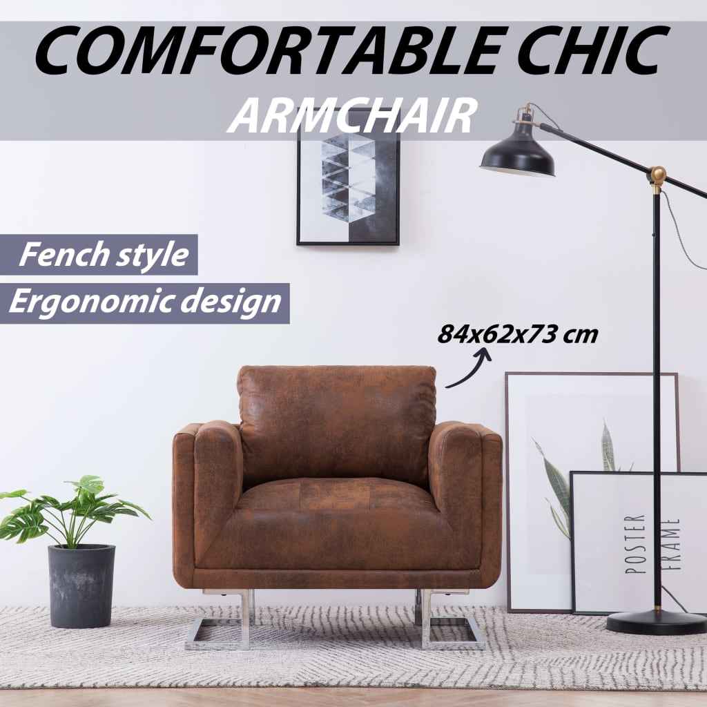 vidaXL Poltrona em forma de cubo camurça artificial castanho