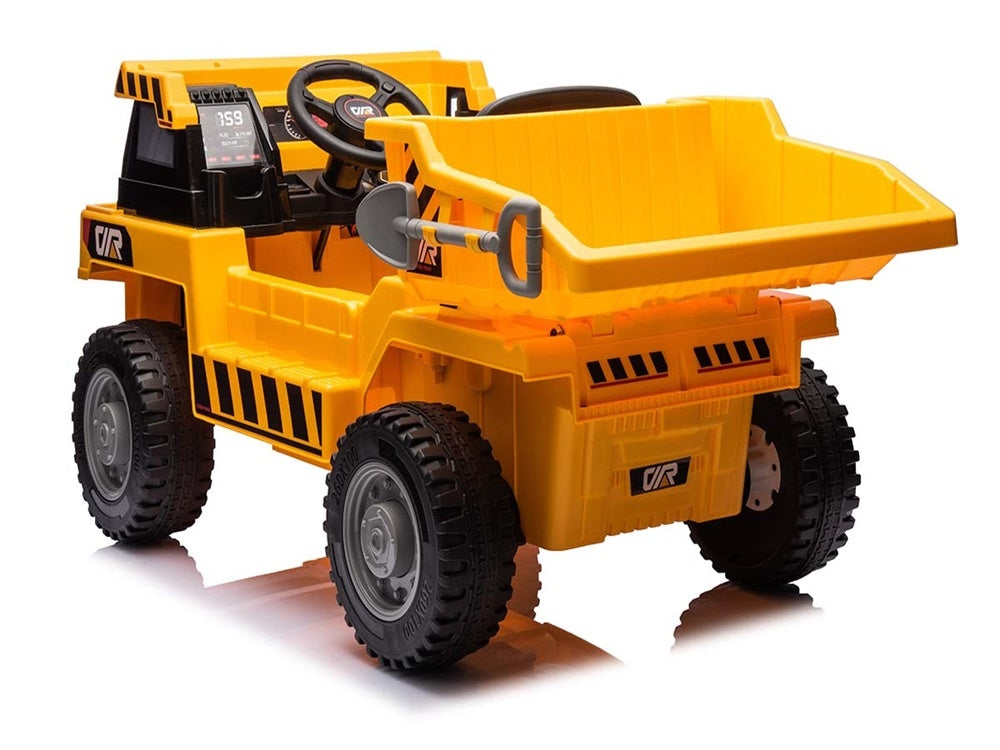 Werkvoertuig met bak, 12 volt elektrische kinderauto, 4 motoren, rubberen banden en kunstleder zitje!
