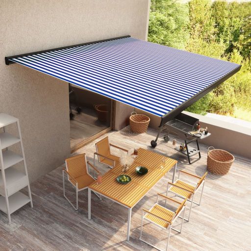 vidaXL Toldo motorizado com caixa 350x250 cm azul e branco