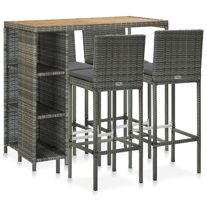 vidaXL 5 pcs conjunto de bar p/ jardim c/ almofadões vime PE preto