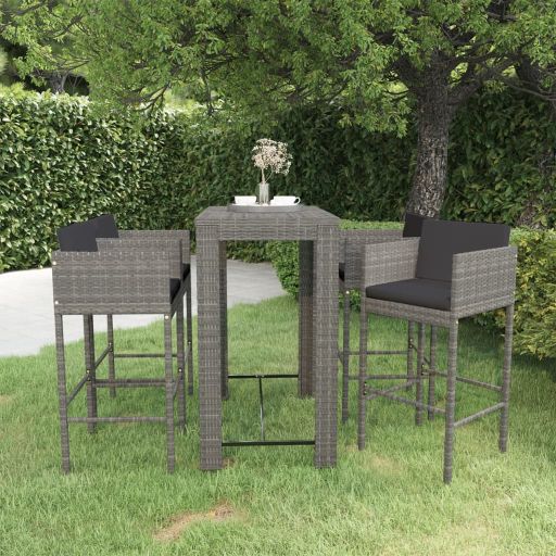 vidaXL 5 pcs conjunto de bar p/ jardim com almofadões vime PE castanho