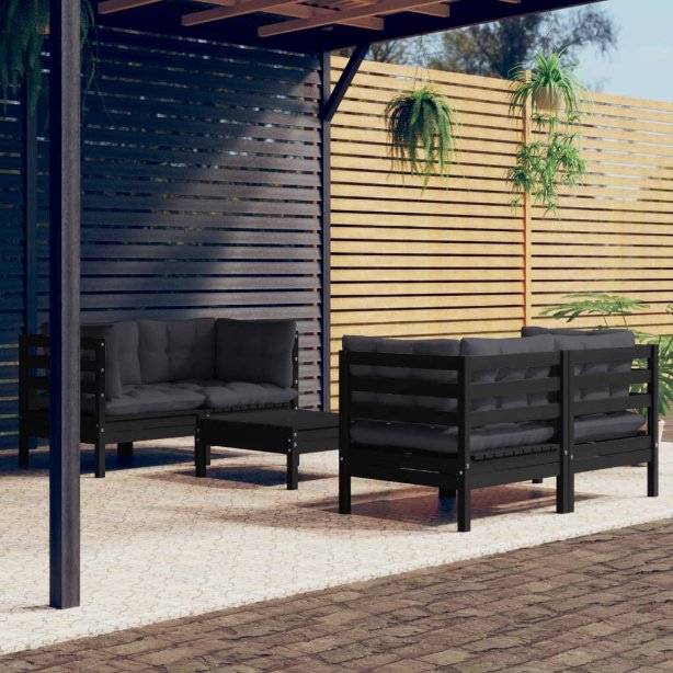 vidaXL 5 pcs conjunto lounge de jardim c/ almofadões cinzentos pinho