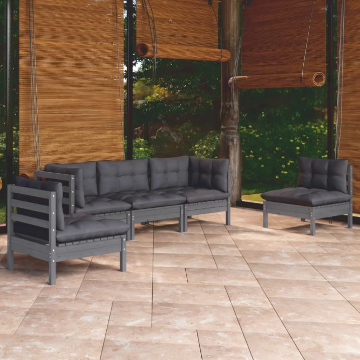 vidaXL 5 pcs conjunto lounge de jardim + almofadões cinza pinho maciço
