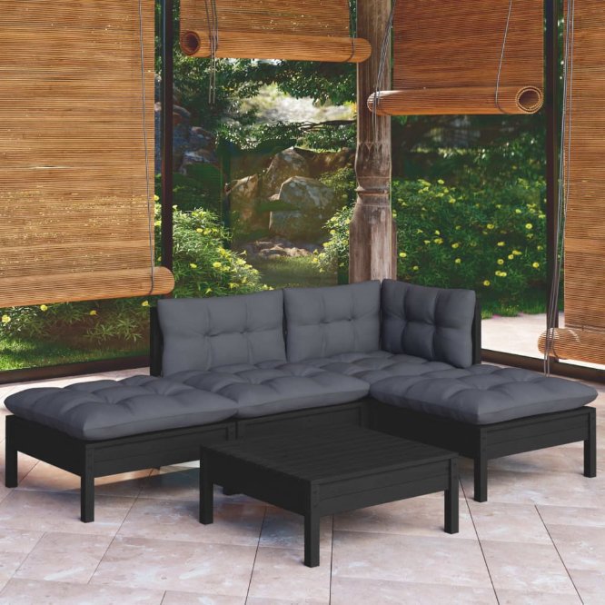 vidaXL 5 pcs conjunto lounge de jardim c/ almofadões cinzentos pinho