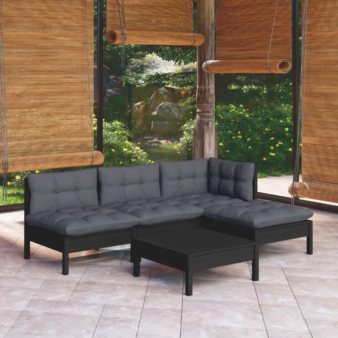 vidaXL 5 pcs conjunto lounge de jardim c/ almofadões cinzentos pinho