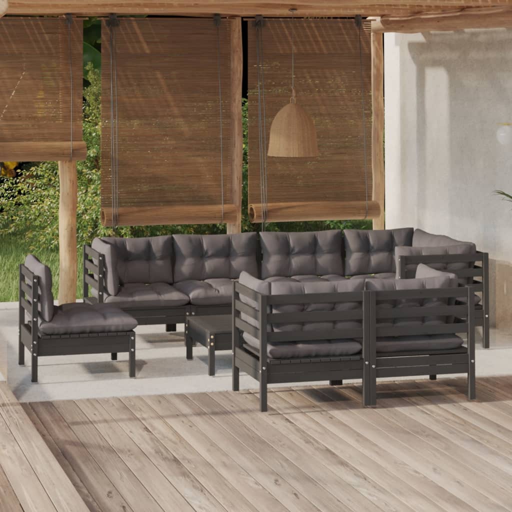 vidaXL 9 pcs conjunto lounge de jardim + almofadões cinza pinho maciço