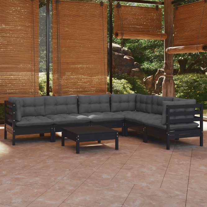 vidaXL 7 pcs conjunto lounge de jardim + almofadões cinza pinho maciço
