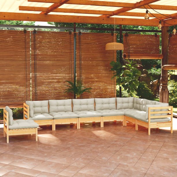 vidaXL 8 pcs conjunto lounge de jardim + almofadões cinza pinho maciço
