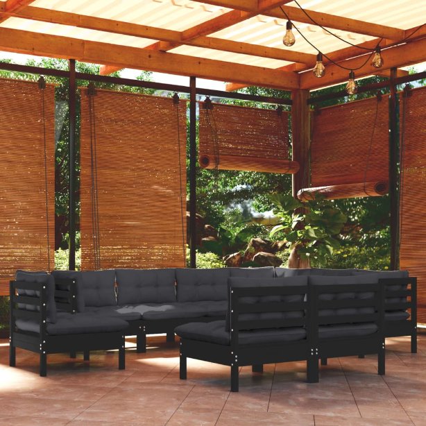 vidaXL 9 pcs conjunto lounge de jardim + almofadões cinza pinho maciço
