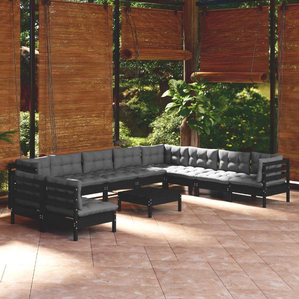 vidaXL 11pcs conjunto lounge de jardim + almofadões cinza pinho maciço
