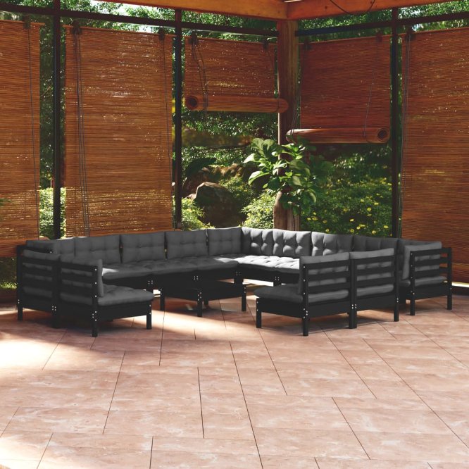 vidaXL 14 pcs conj. lounge de jardim c/ almofadões cinza pinho maciço