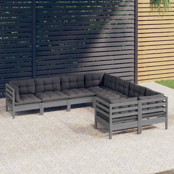vidaXL 8 pcs conjunto lounge de jardim + almofadões cinza pinho maciço