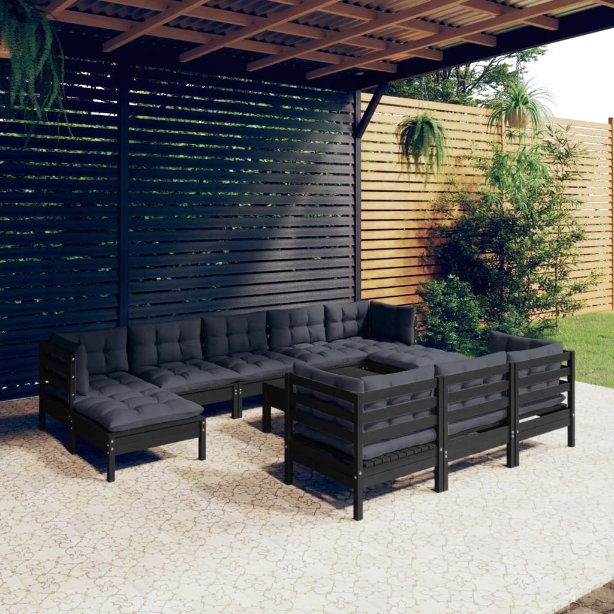 vidaXL 11pcs conjunto lounge de jardim + almofadões cinza pinho maciço