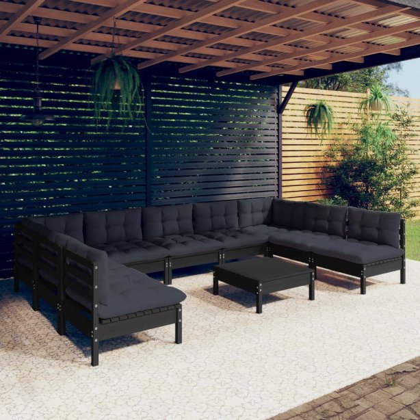 vidaXL 10pcs conjunto lounge de jardim + almofadões cinza pinho maciço