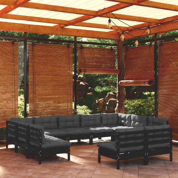 vidaXL 11pcs conjunto lounge de jardim + almofadões cinza pinho maciço