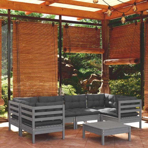 vidaXL 7 pcs conjunto lounge de jardim c/ almofadões cinzentos pinho