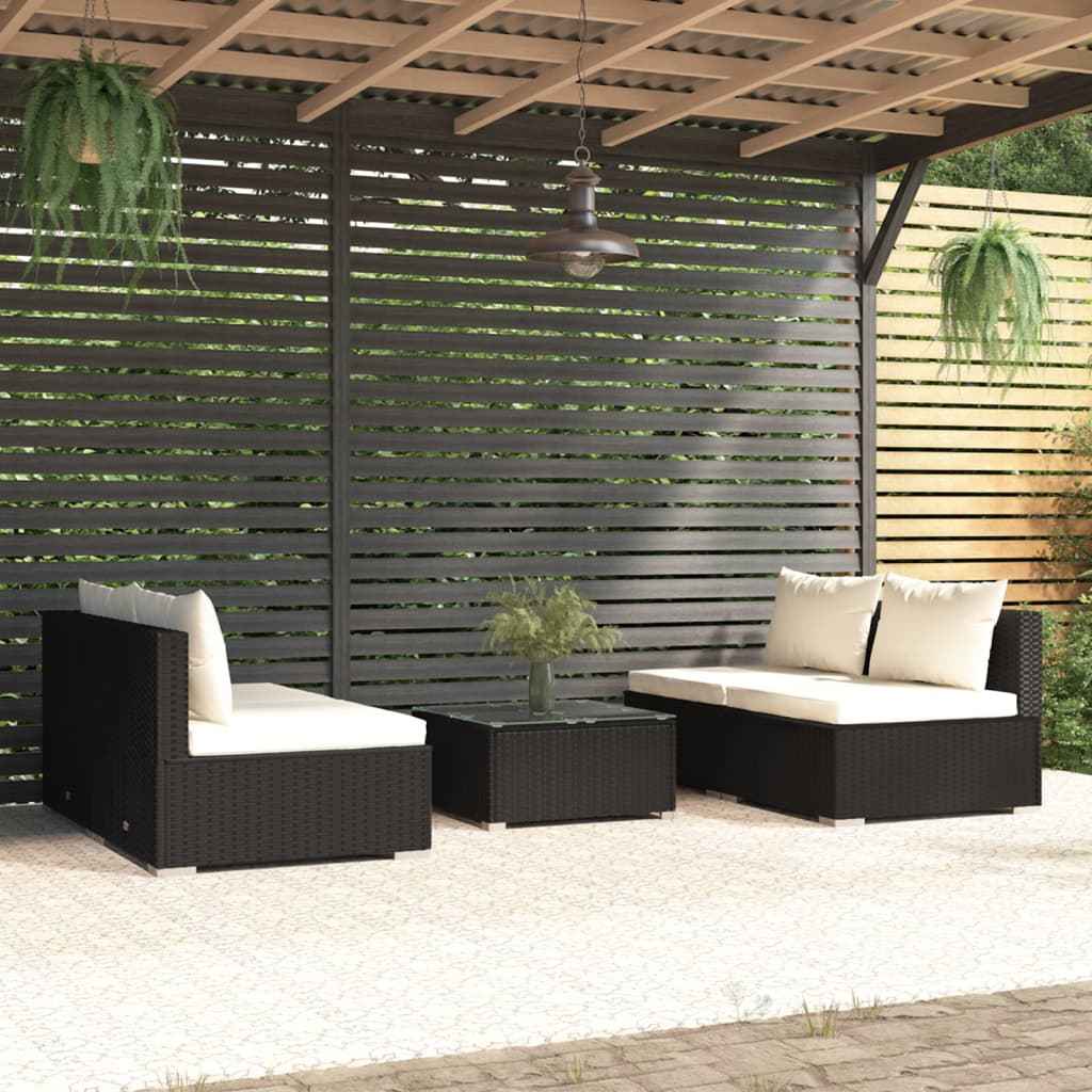 vidaXL 5 pcs conjunto lounge de jardim c/ almofadões vime PE preto