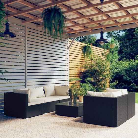 vidaXL 5 pcs conjunto lounge de jardim c/ almofadões vime PE preto