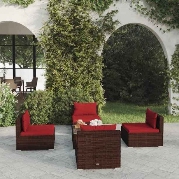vidaXL 5 pcs conjunto lounge de jardim c/ almofadões vime PE preto