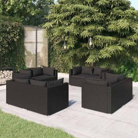 vidaXL 5 pcs conjunto lounge de jardim c/ almofadões vime PE preto