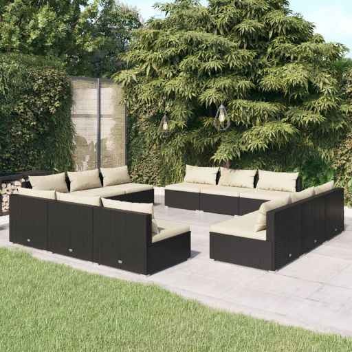 vidaXL 5 pcs conjunto lounge de jardim c/ almofadões vime PE preto