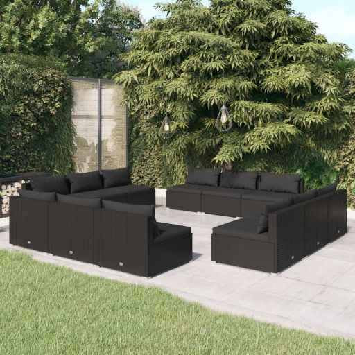 vidaXL 5 pcs conjunto lounge de jardim c/ almofadões vime PE preto