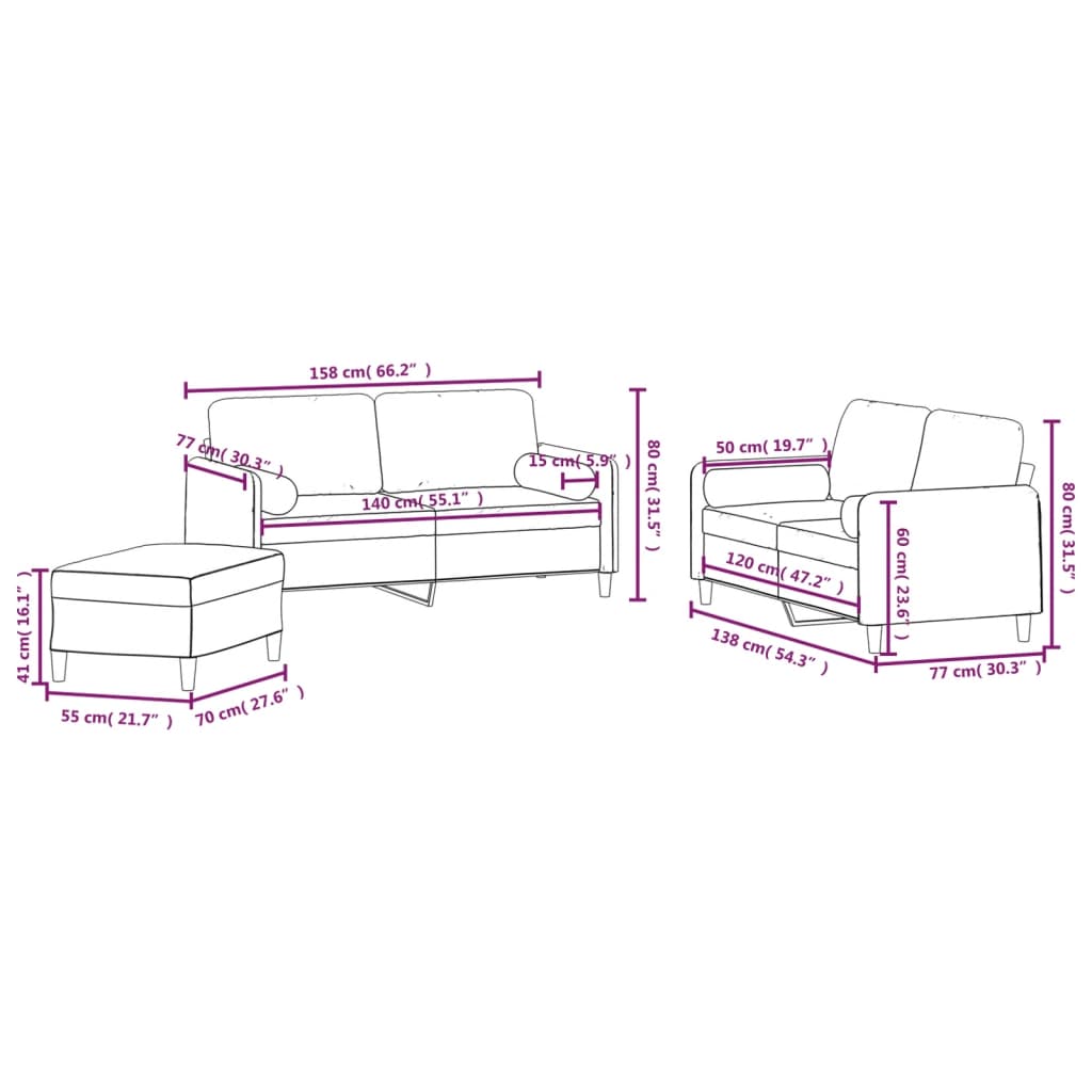 vidaXL 3pcs conjunto sofás c/ almofadas/almofadões veludo cinza-escuro
