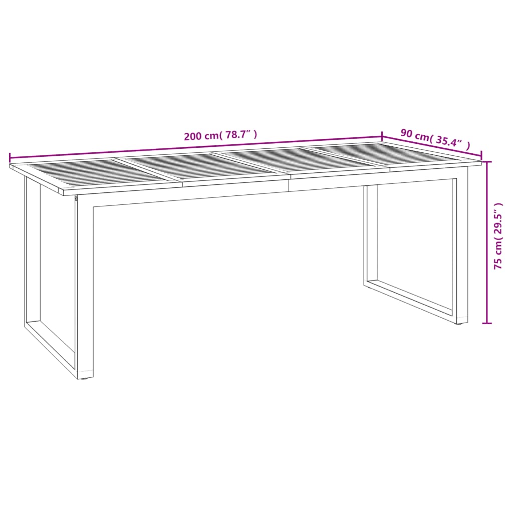 vidaXL Mesa jardim c/ pernas em forma de U 200x90x75 cm acácia maciça