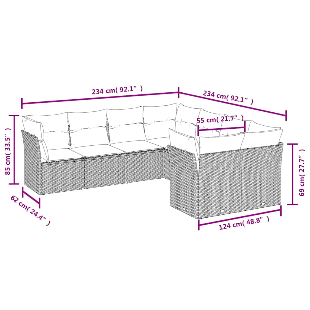 vidaXL 8 pcs conjunto sofás de jardim c/ almofadões vime PE castanho