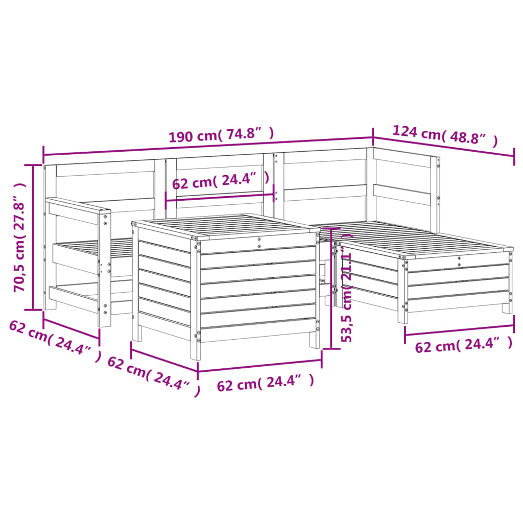 vidaXL 5 pcs conjunto de sofás de jardim madeira pinho maciça branco
