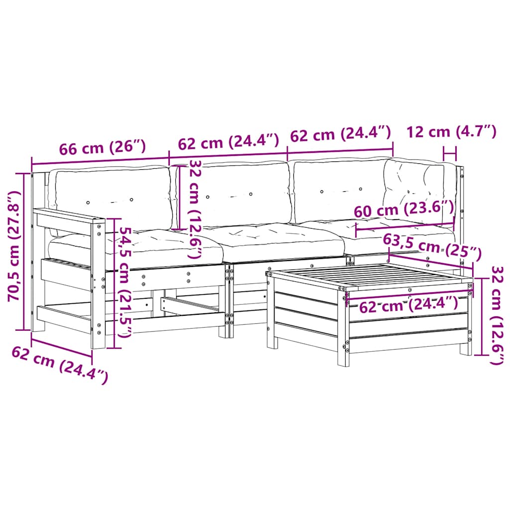 vidaXL 4 pcs conj. lounge de jardim c/ almofadões pinho maciço branco