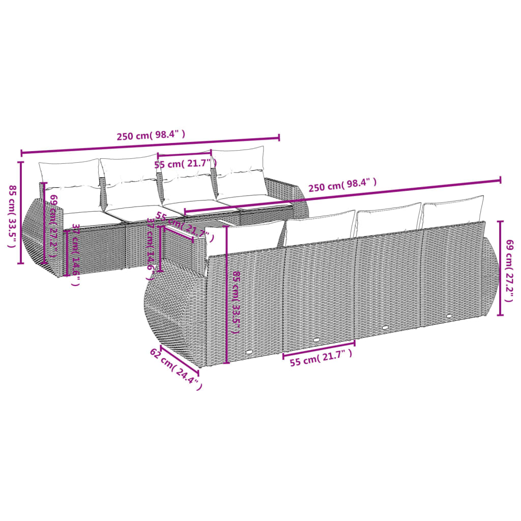 vidaXL 9 pcs conjunto sofás p/ jardim c/ almofadões vime PE cinzento