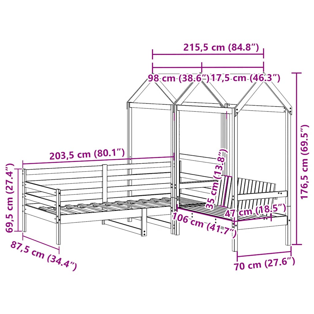 vidaXL Conj. sofá-cama e banco c/ telhado 80x200cm pinho maciço branco