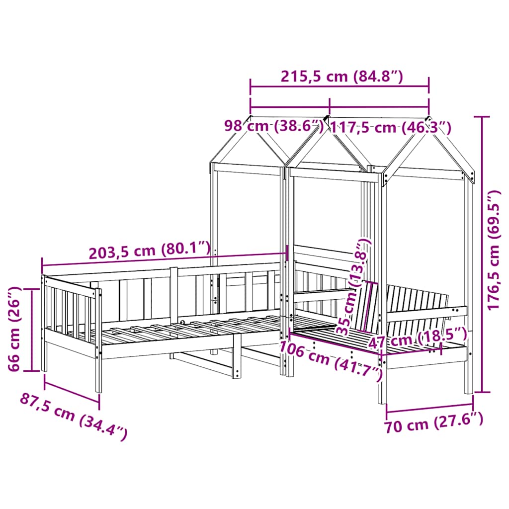 vidaXL Conj. sofá-cama e banco c/ telhado 80x200cm pinho maciço branco