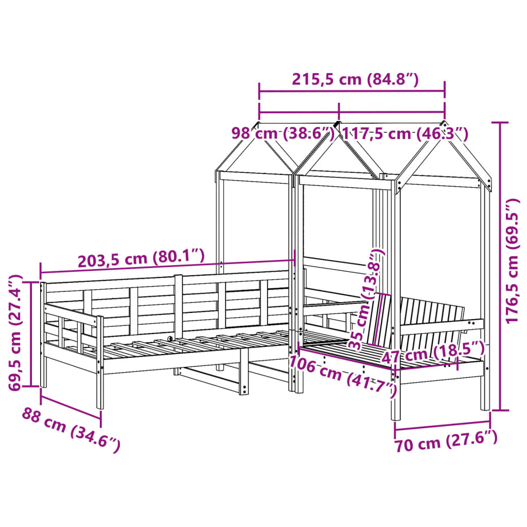vidaXL Conj. sofá-cama e banco c/ telhado 80x200cm pinho maciço branco