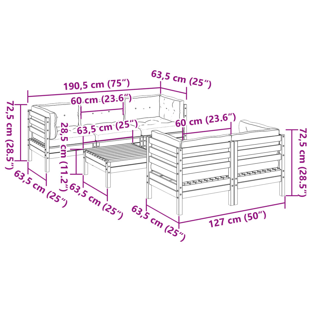 vidaXL 6 pcs conj. sofás jardim almofadões pinho maciço castanho cera