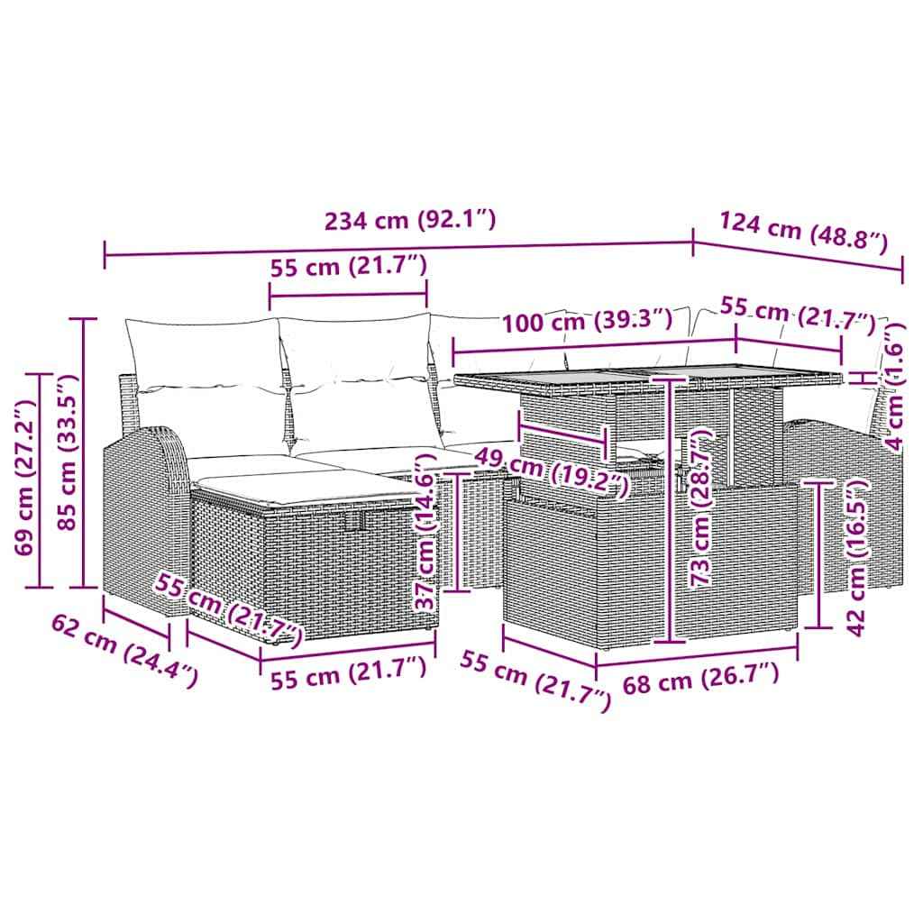 vidaXL Conjunto de Sofá de Jardim com almofada 7 pcs Preto vime PE
