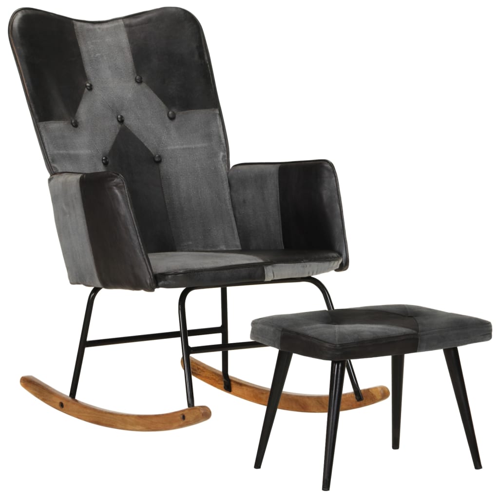 vidaXL Cadeira baloiço c/ apoio de pés couro genuíno e lona preto
