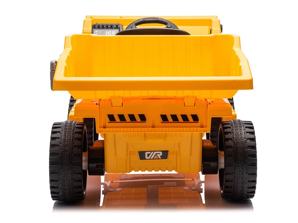 Werkvoertuig met bak, 12 volt elektrische kinderauto, 4 motoren, rubberen banden en kunstleder zitje!