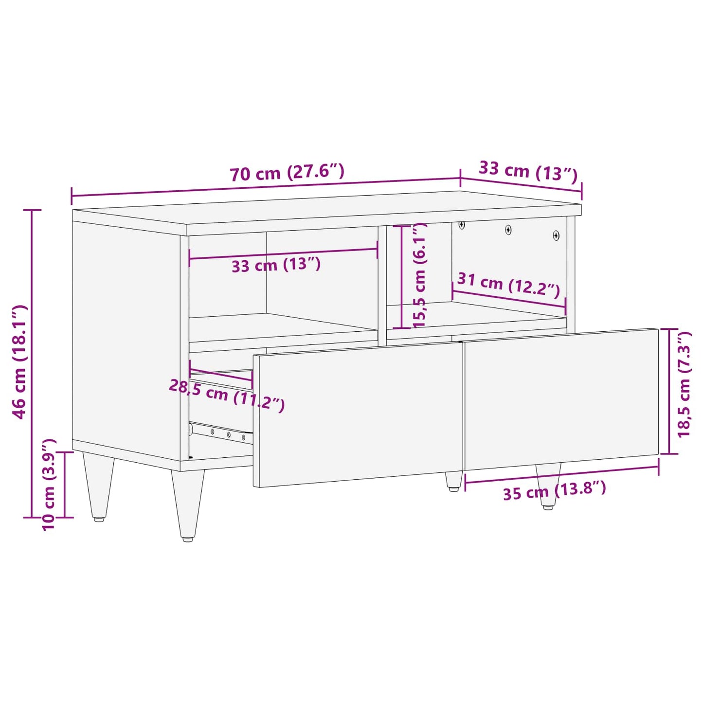 vidaXL Gabinete para TV com gaveta Nogueira 70 x 33 x 46 cm