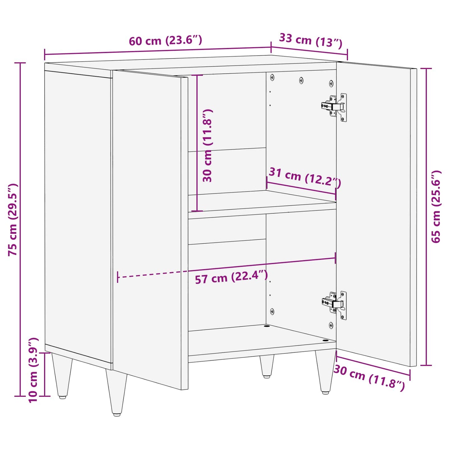 vidaXL Buffet Nogueira 60 x 33 x 75 cm Madeira de manga maciça