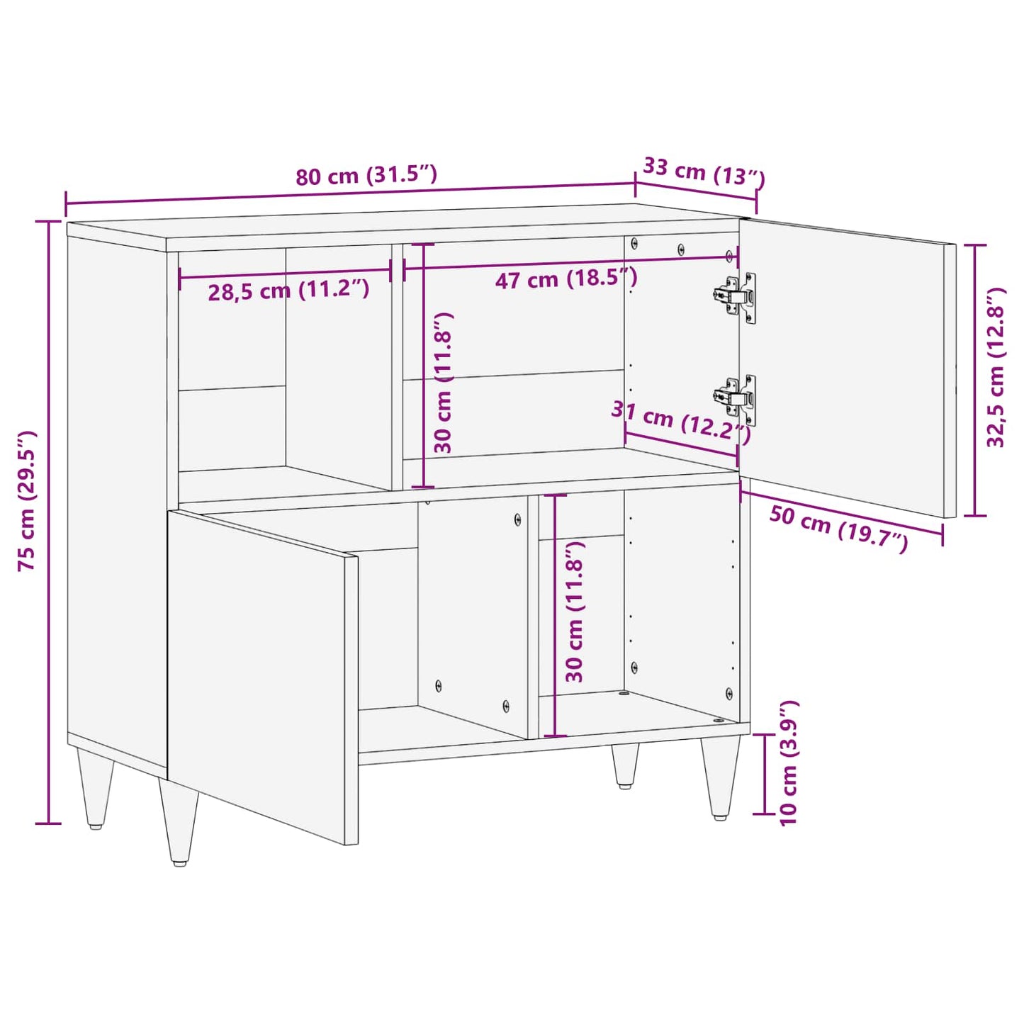vidaXL Buffet Nogueira 80 x 33 x 75 cm Madeira de manga maciça