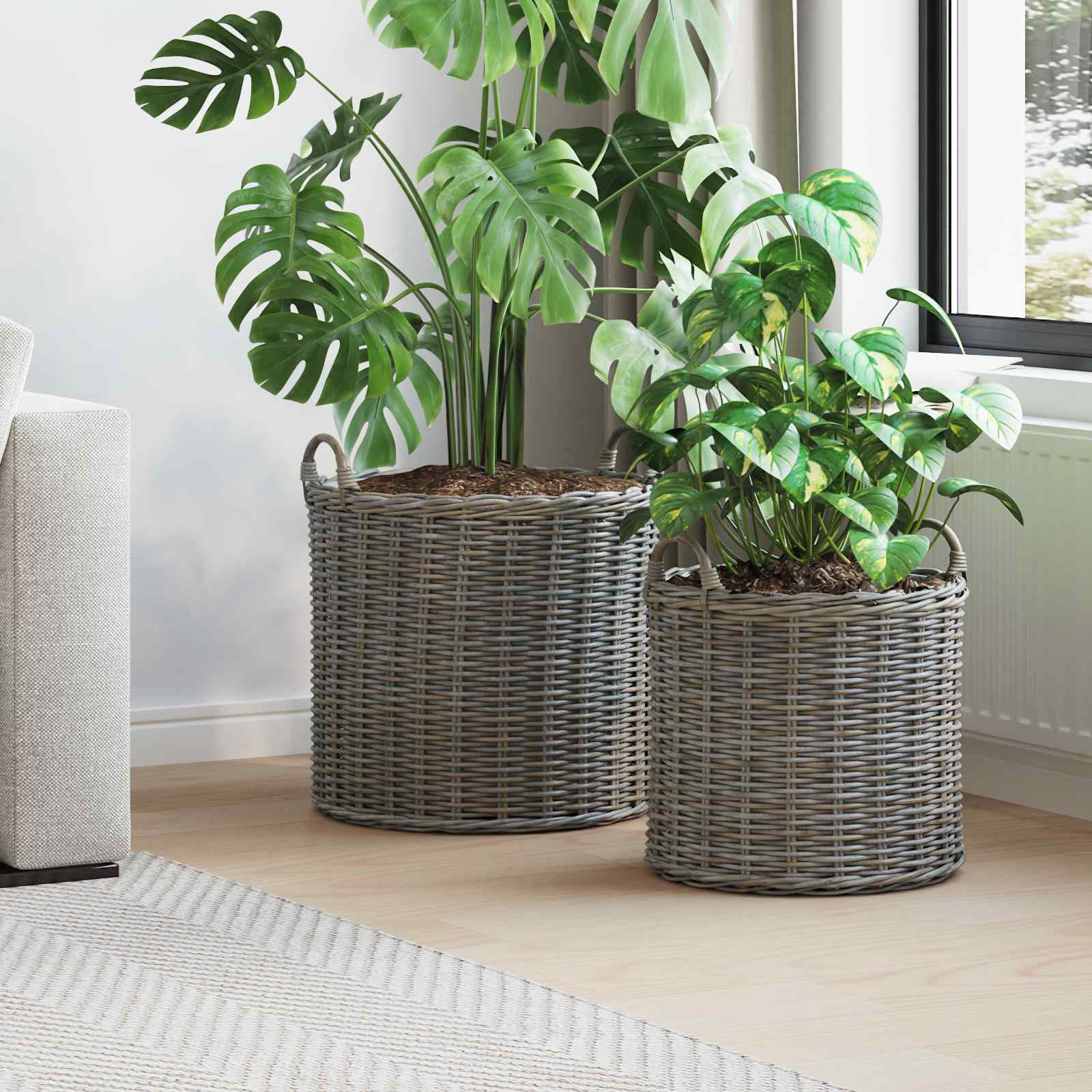 vidaXL Cesta de Plantas com armazenamento 2 pcs Cinzeto Rattan Lacak