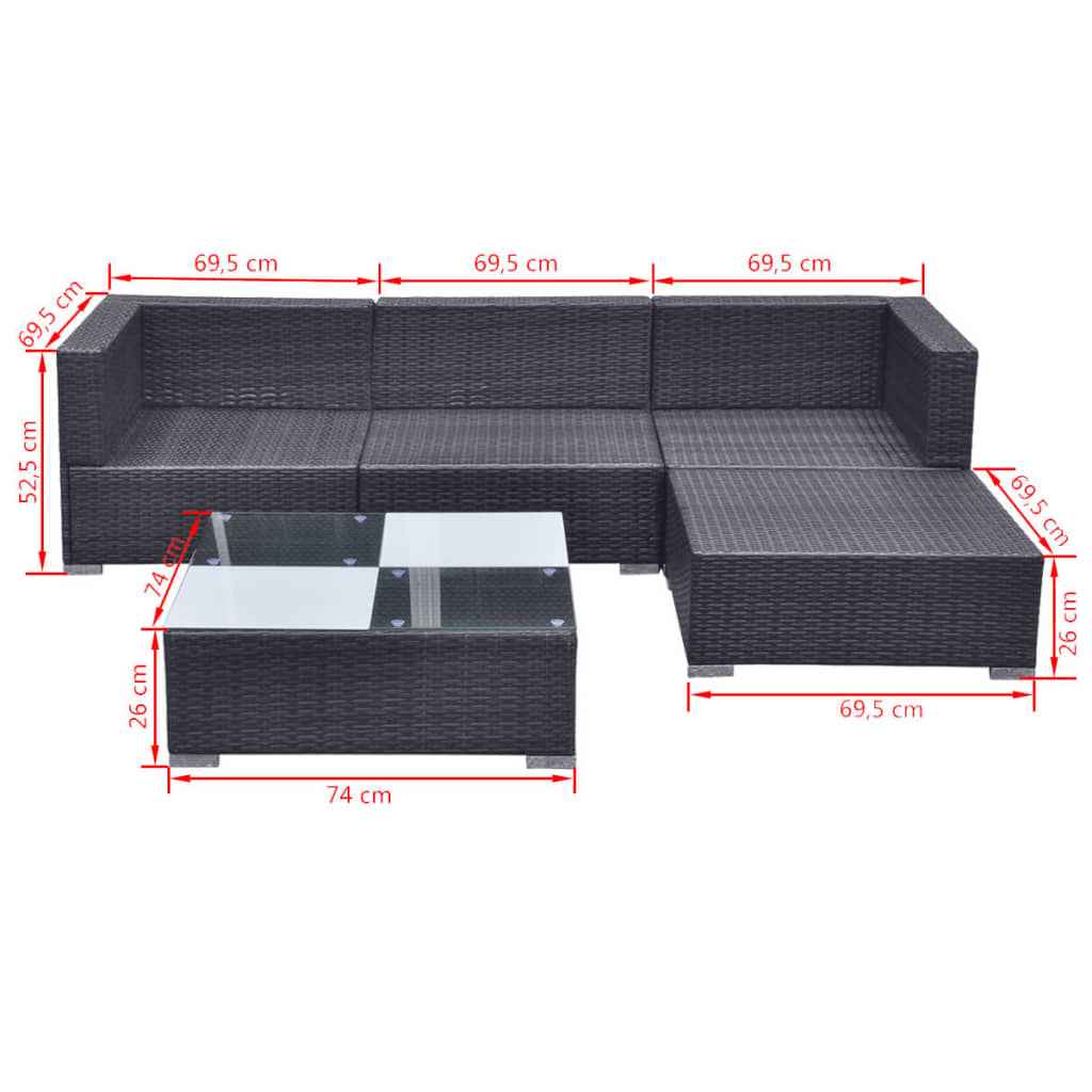 vidaXL 5 pcs conjunto lounge de jardim c/ almofadões vime PE preto
