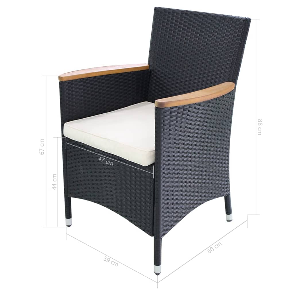 vidaXL 7 pcs conjunto jantar exterior vime PE e madeira acácia preto